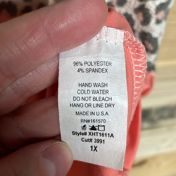 Haptics size 1X Color Block Mint, Coral, Cheetah Print Short Sleeve Soft Blouse - Picture 5 of 7